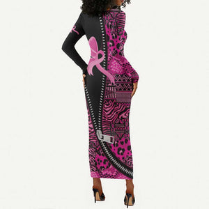 Pink Ribbon Animals Skin African Mixed Long Sleeve Bodycon Dress Zipper Stylized - African Pride