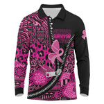 Pink Ribbon Animals Skin African Mixed Long Sleeve Polo Shirt Zipper Stylized - African Pride