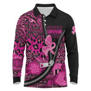 Pink Ribbon Animals Skin African Mixed Long Sleeve Polo Shirt Zipper Stylized - African Pride