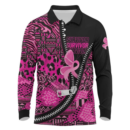 Pink Ribbon Animals Skin African Mixed Long Sleeve Polo Shirt Zipper Stylized - African Pride