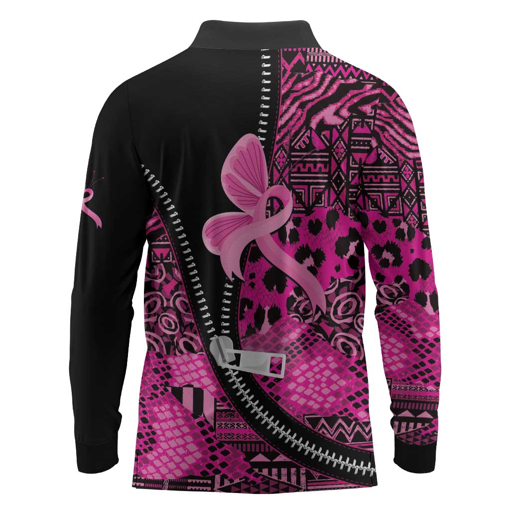 Pink Ribbon Animals Skin African Mixed Long Sleeve Polo Shirt Zipper Stylized - African Pride