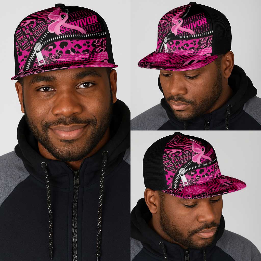 Pink Ribbon Animals Skin African Mixed Mesh Trucker Cap Zipper Stylized - African Pride