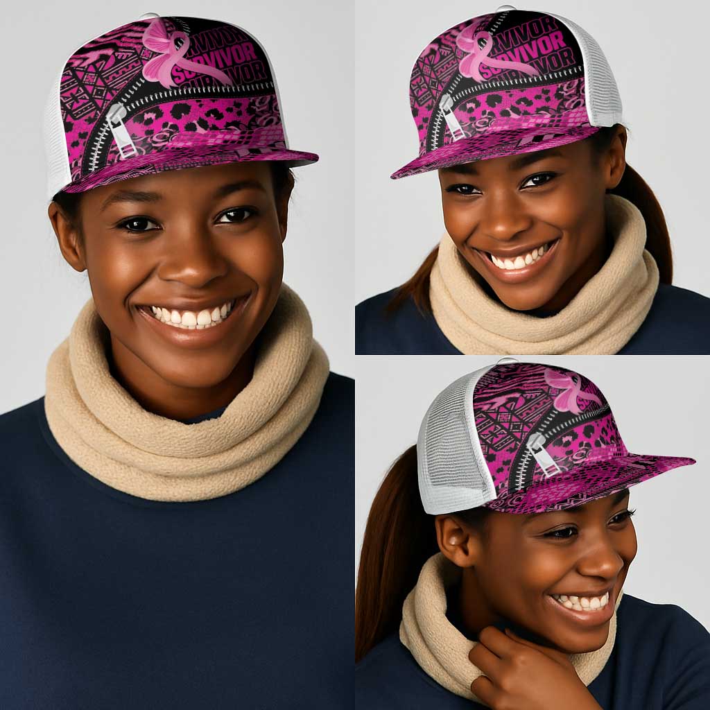 Pink Ribbon Animals Skin African Mixed Mesh Trucker Cap Zipper Stylized - African Pride