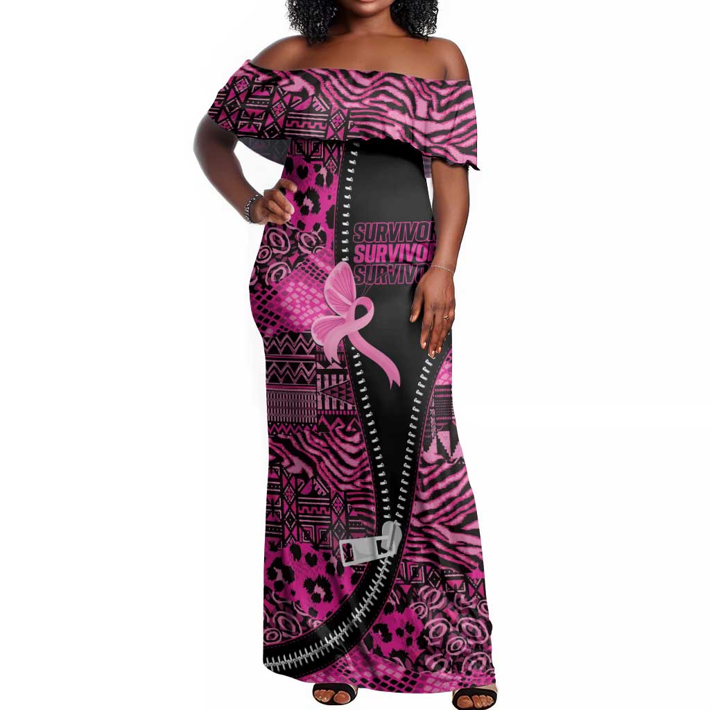Pink Ribbon Animals Skin African Mixed Off Shoulder Maxi Dress Zipper Stylized - African Pride