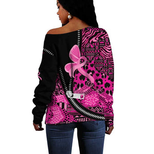 Pink Ribbon Animals Skin African Mixed Off Shoulder Sweater Zipper Stylized - African Pride