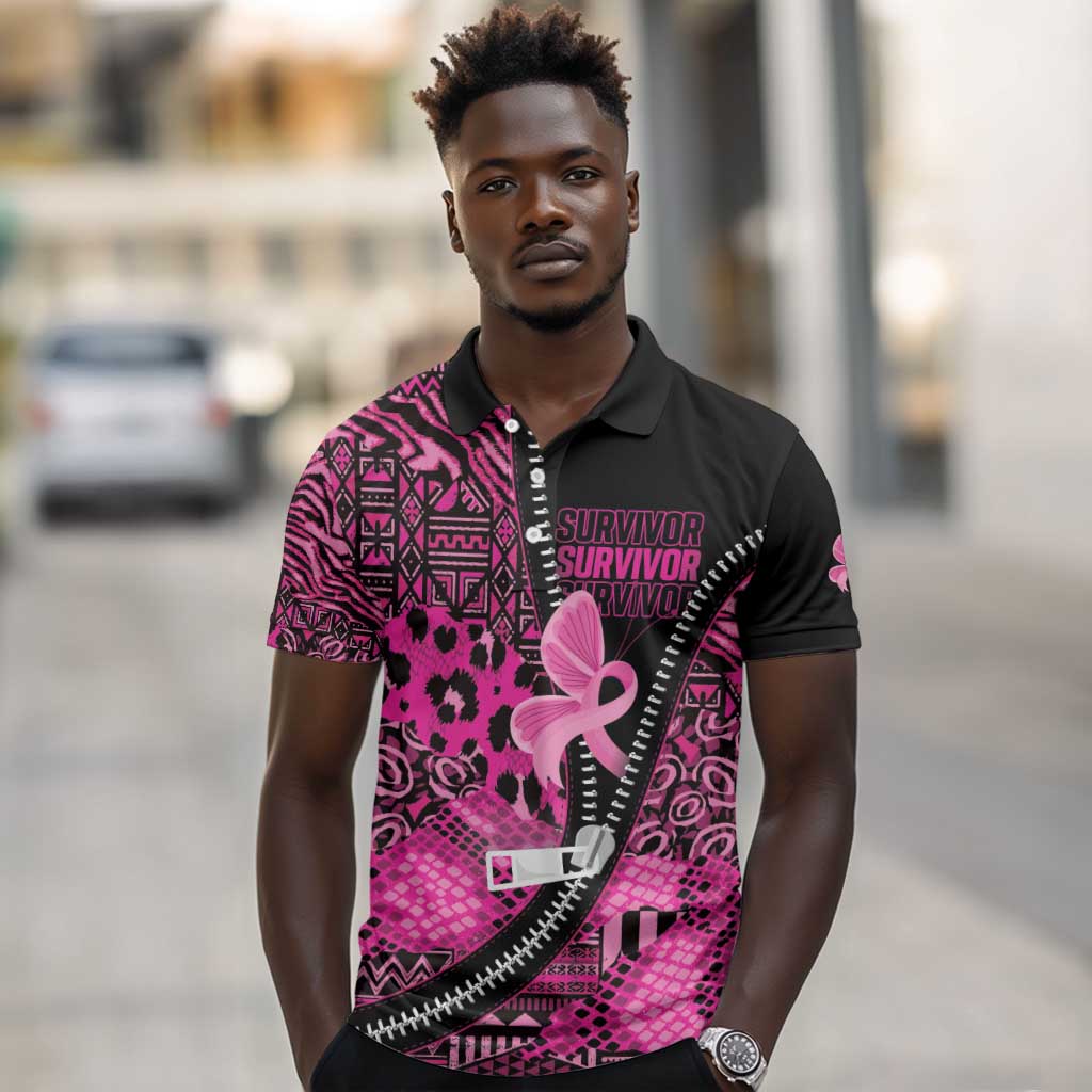 Pink Ribbon Animals Skin African Mixed Polo Shirt Zipper Stylized - African Pride