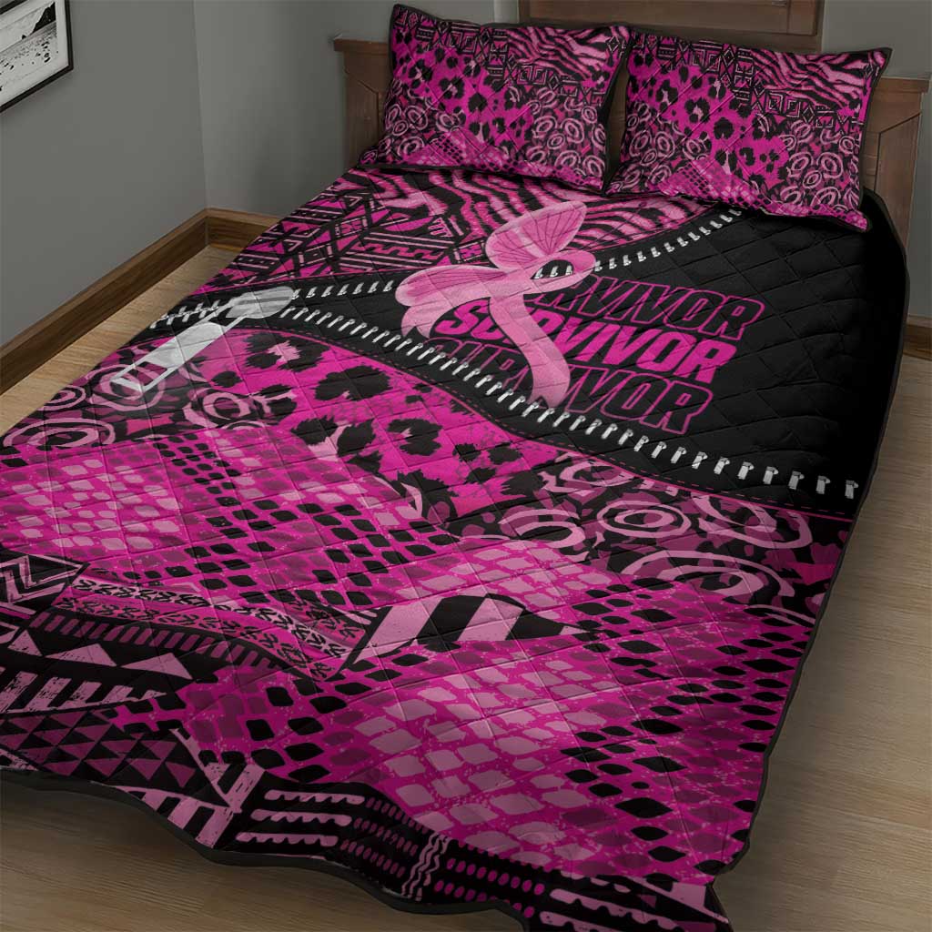 Pink Ribbon Animals Skin African Mixed Quilt Bed Set Zipper Stylized - African Pride
