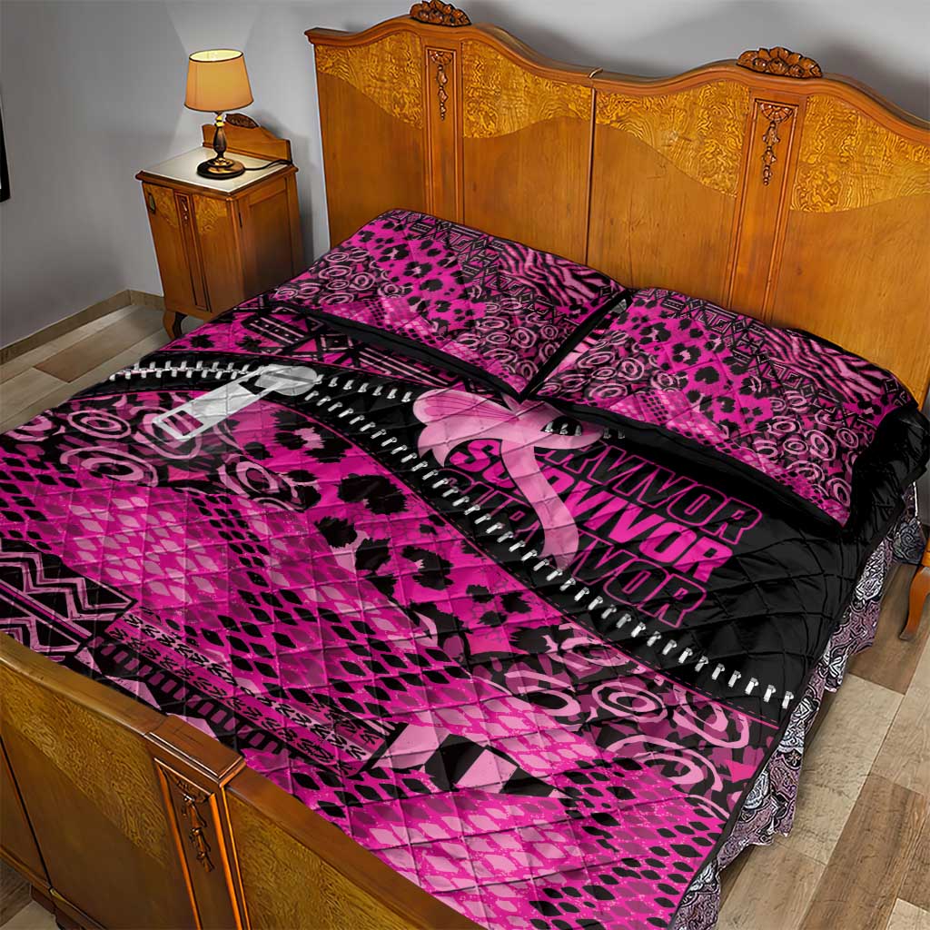 Pink Ribbon Animals Skin African Mixed Quilt Bed Set Zipper Stylized - African Pride