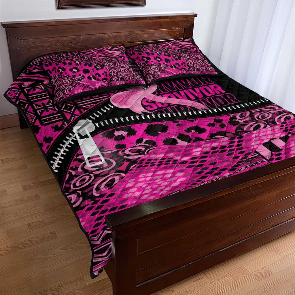 Pink Ribbon Animals Skin African Mixed Quilt Bed Set Zipper Stylized - African Pride