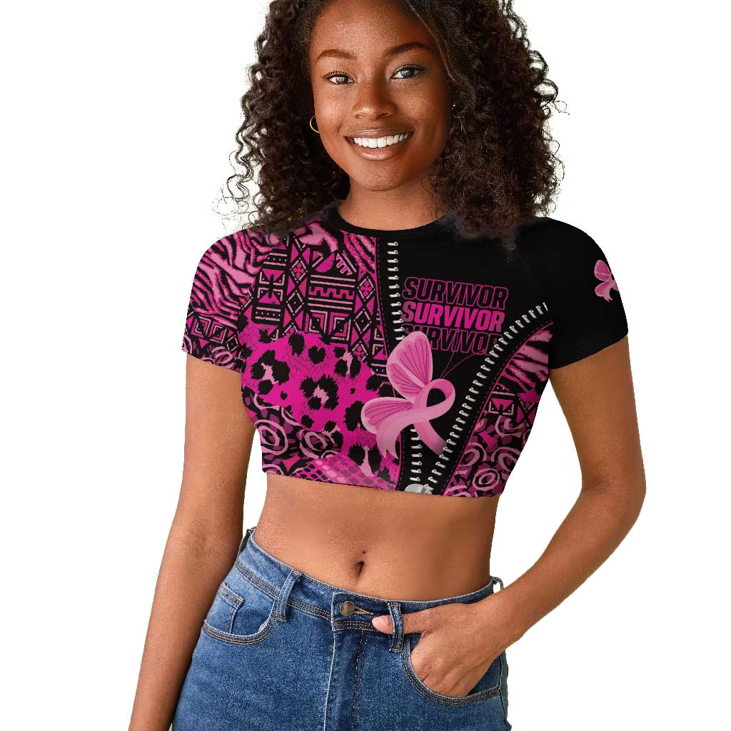 Pink Ribbon Animals Skin African Mixed Raglan Cropped T shirt Zipper Stylized - African Pride