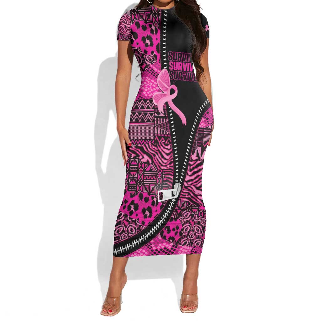 Pink Ribbon Animals Skin African Mixed Short Sleeve Bodycon Dress Zipper Stylized - African Pride