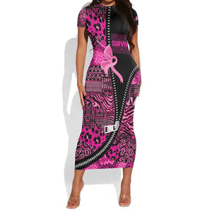 Pink Ribbon Animals Skin African Mixed Short Sleeve Bodycon Dress Zipper Stylized - African Pride