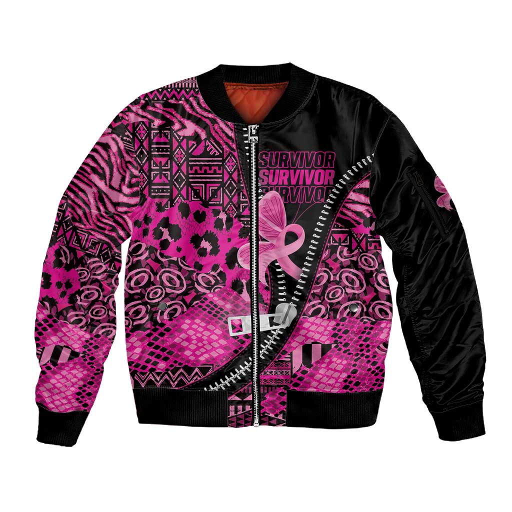 Pink Ribbon Animals Skin African Mixed Sleeve Zip Bomber Jacket Zipper Stylized - African Pride