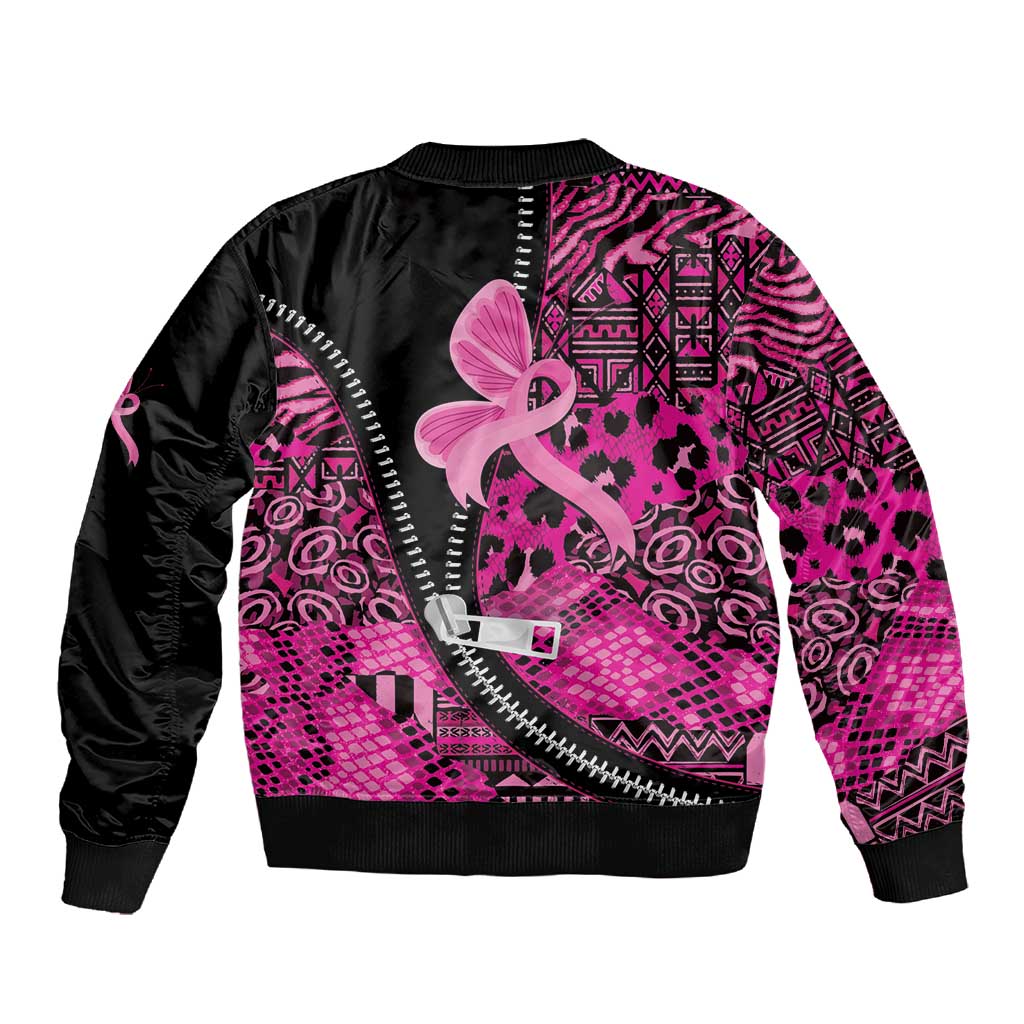 Pink Ribbon Animals Skin African Mixed Sleeve Zip Bomber Jacket Zipper Stylized - African Pride