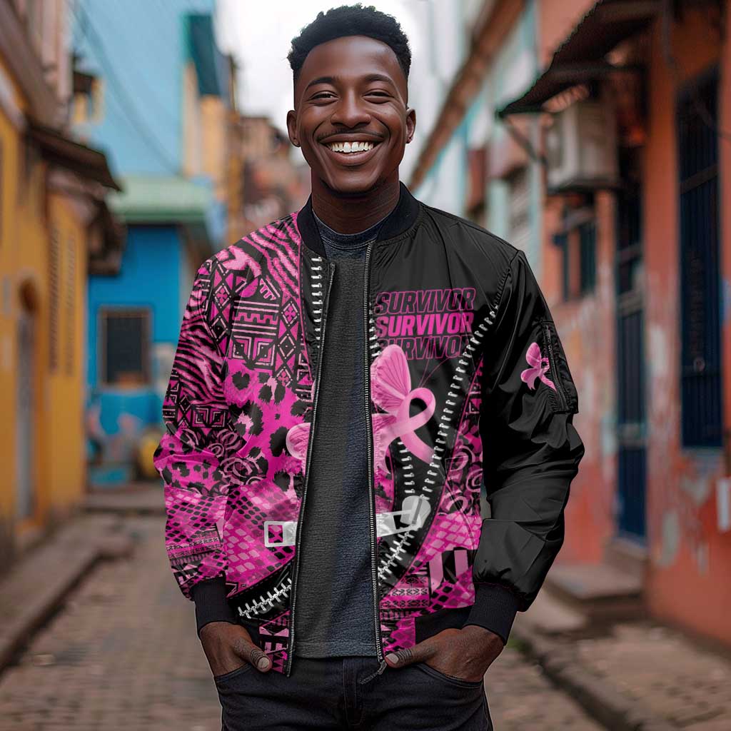 Pink Ribbon Animals Skin African Mixed Sleeve Zip Bomber Jacket Zipper Stylized - African Pride