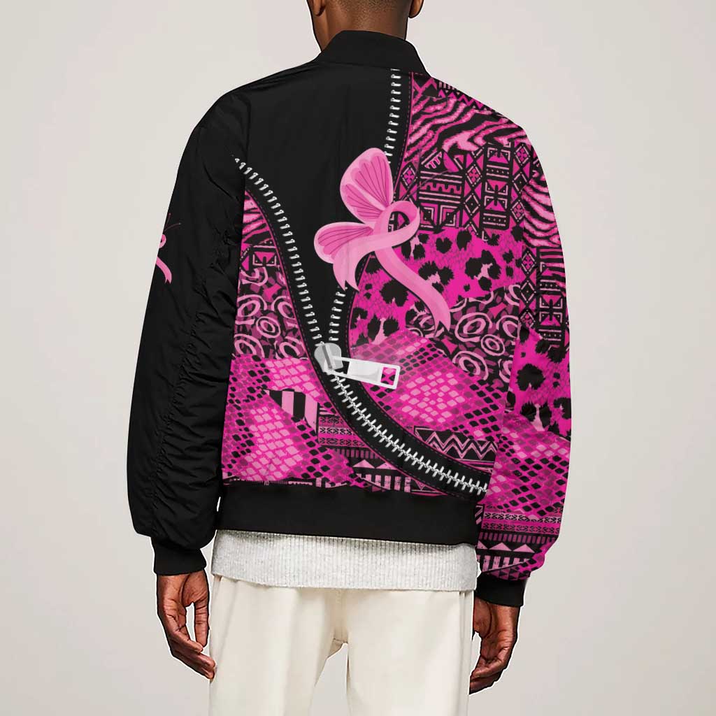 Pink Ribbon Animals Skin African Mixed Sleeve Zip Bomber Jacket Zipper Stylized - African Pride