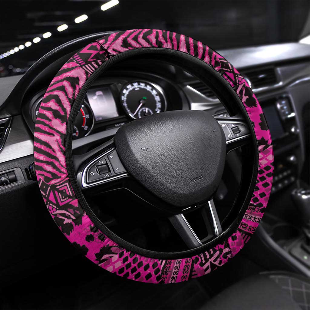 Pink Ribbon Animals Skin African Mixed Steering Wheel Cover Zipper Stylized - African Pride