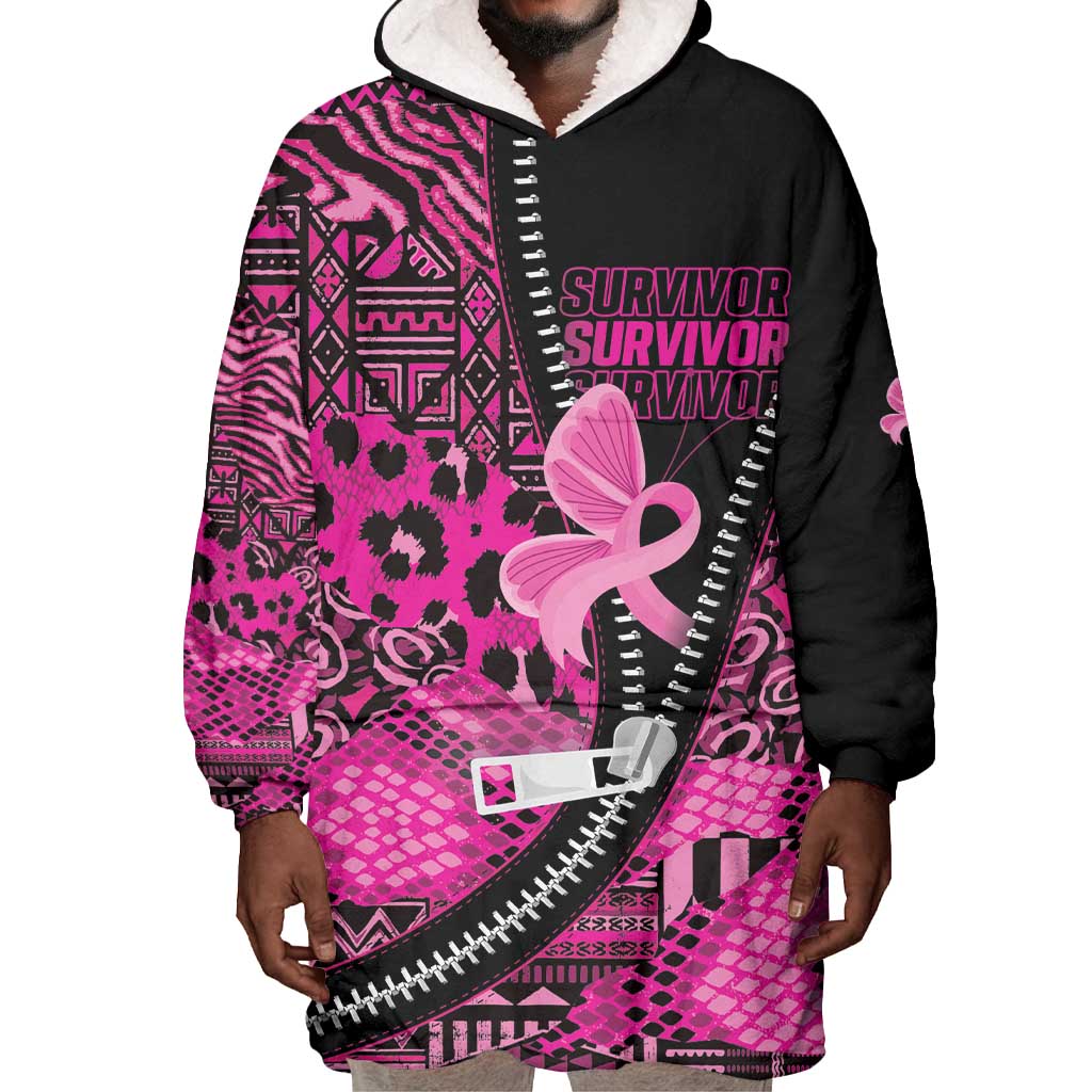 Pink Ribbon Animals Skin African Mixed Wearable Blanket Hoodie Zipper Stylized - African Pride