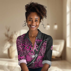 Pink Ribbon Animals Skin African Mixed Women Casual Shirt Zipper Stylized - African Pride