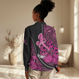 Pink Ribbon Animals Skin African Mixed Women Casual Shirt Zipper Stylized - African Pride