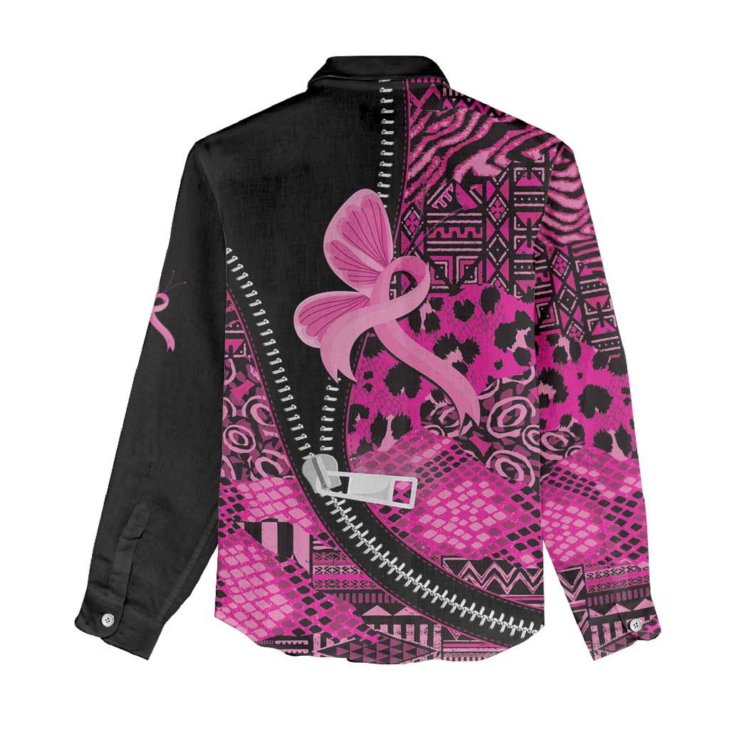 Pink Ribbon Animals Skin African Mixed Women Casual Shirt Zipper Stylized - African Pride