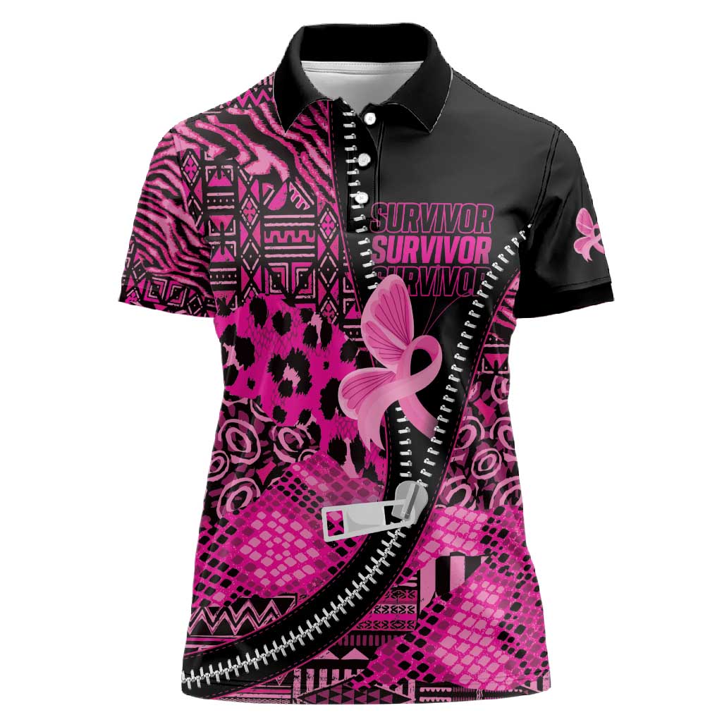 Pink Ribbon Animals Skin African Mixed Women Polo Shirt Zipper Stylized - African Pride
