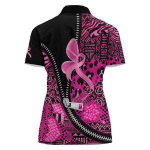 Pink Ribbon Animals Skin African Mixed Women Polo Shirt Zipper Stylized - African Pride