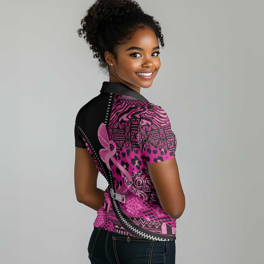 Pink Ribbon Animals Skin African Mixed Women Polo Shirt Zipper Stylized - African Pride