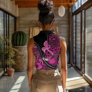 Pink Ribbon Animals Skin African Mixed Women Sleeveless Polo Shirt Zipper Stylized - African Pride