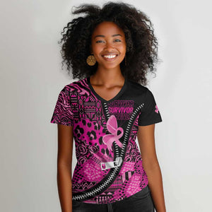 Pink Ribbon Animals Skin African Mixed Women V-Neck T-Shirt Zipper Stylized - African Pride