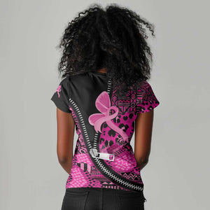 Pink Ribbon Animals Skin African Mixed Women V-Neck T-Shirt Zipper Stylized - African Pride