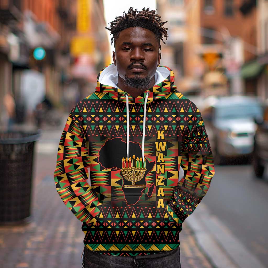Kwanzaa Festival Hoodie with Kinara Candles and African Pattern