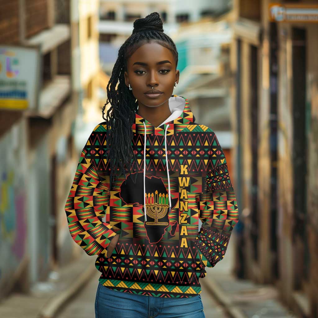 Kwanzaa Festival Hoodie with Kinara Candles and African Pattern