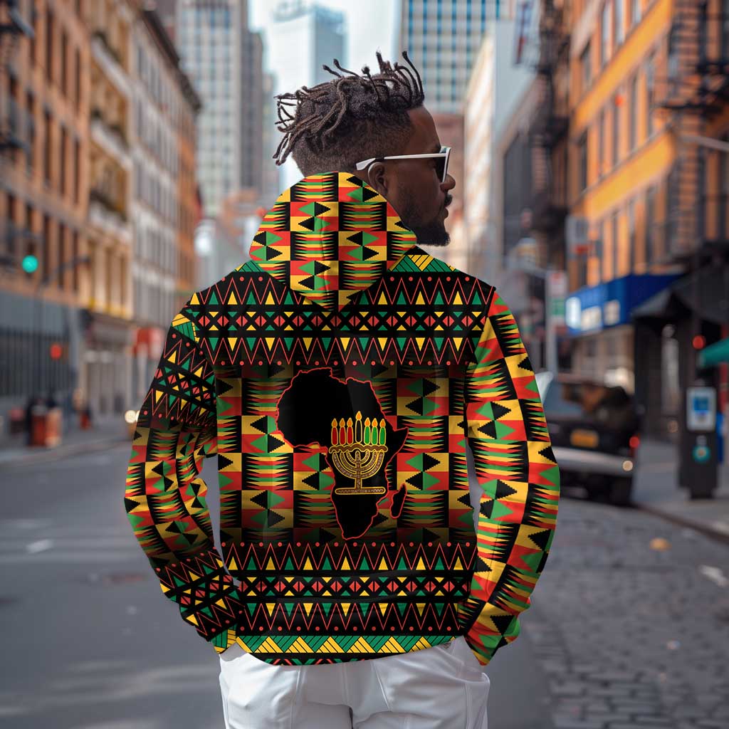 Kwanzaa Festival Hoodie with Kinara Candles and African Pattern