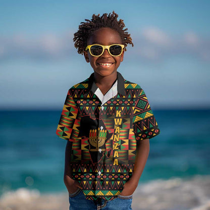 Kwanzaa Festival Kid Hawaiian Shirt with Kinara Candles and African Pattern