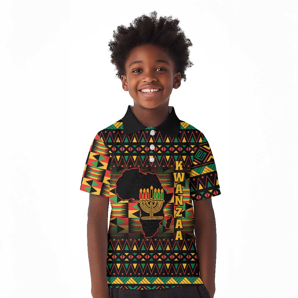 Kwanzaa Festival Kid Polo Shirt with Kinara Candles and African Pattern