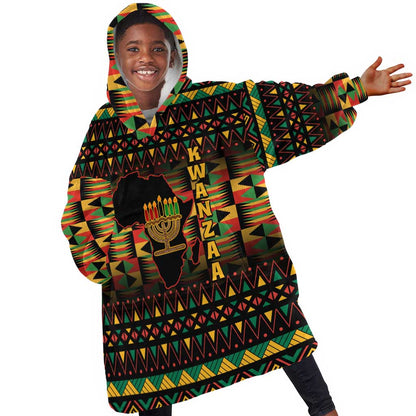 Kwanzaa Festival KId Wearable Blanket Hoodie with Kinara Candles and African Pattern