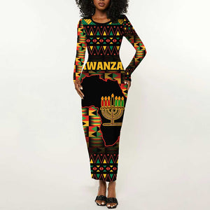 Kwanzaa Festival Long Sleeve Bodycon Dress with Kinara Candles and African Pattern LT01