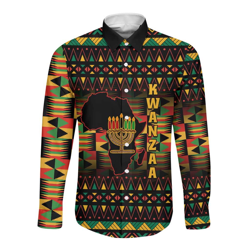 Kwanzaa Festival Long Sleeve Button Shirt with Kinara Candles and African Pattern