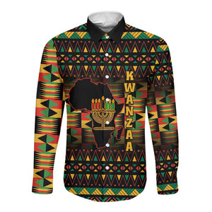 Kwanzaa Festival Long Sleeve Button Shirt with Kinara Candles and African Pattern