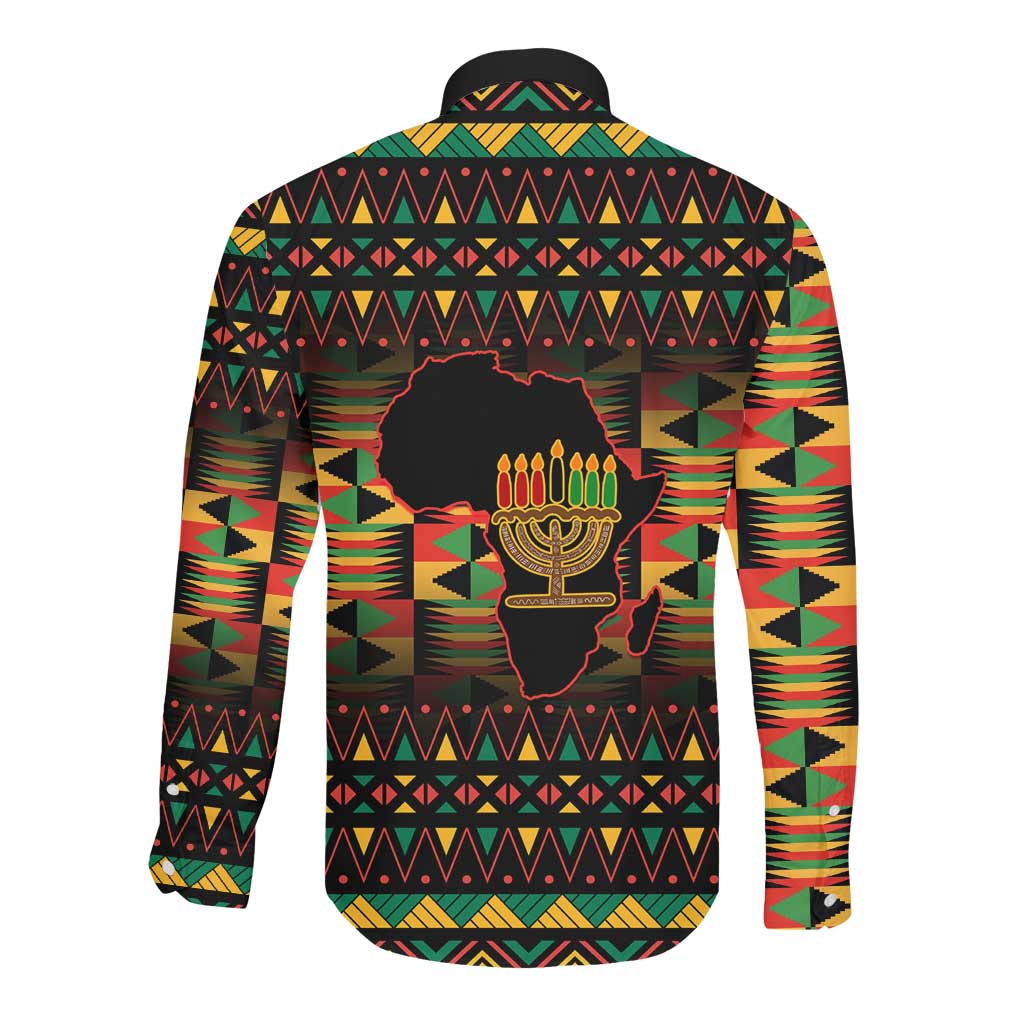 Kwanzaa Festival Long Sleeve Button Shirt with Kinara Candles and African Pattern
