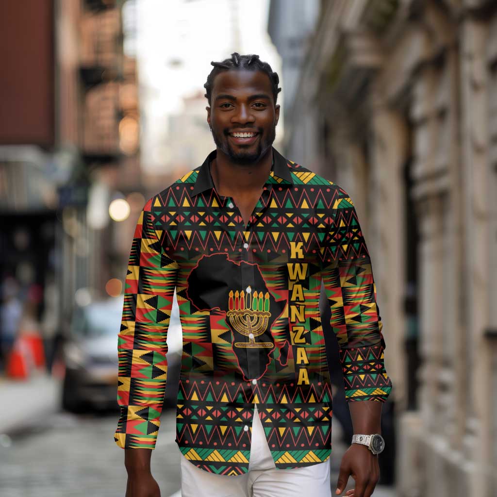 Kwanzaa Festival Long Sleeve Button Shirt with Kinara Candles and African Pattern