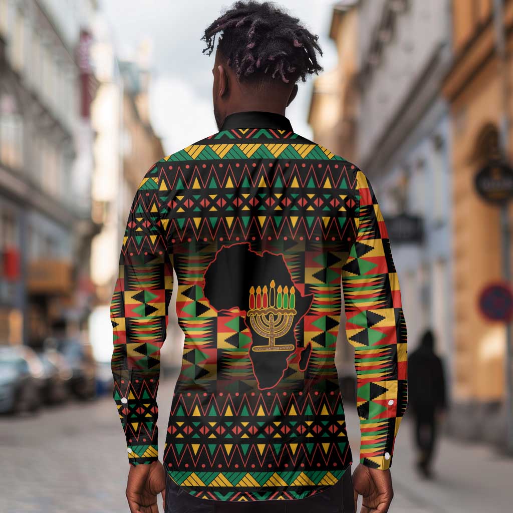 Kwanzaa Festival Long Sleeve Button Shirt with Kinara Candles and African Pattern