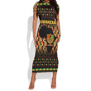 Kwanzaa Festival Short Sleeve Bodycon Dress with Kinara Candles and African Pattern LT01