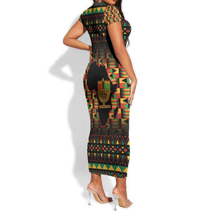 Kwanzaa Festival Short Sleeve Bodycon Dress with Kinara Candles and African Pattern LT01