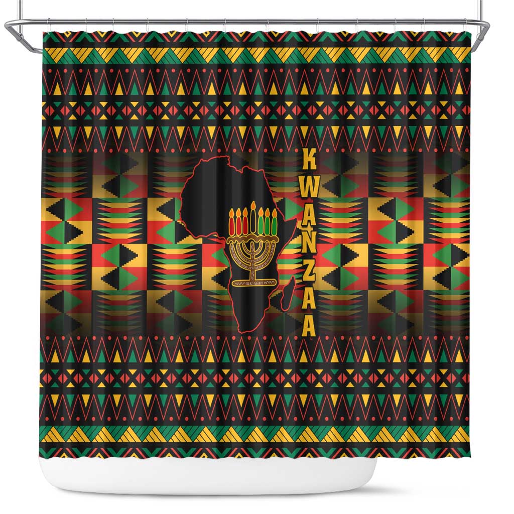 Kwanzaa Festival Shower Curtain with Kinara Candles and African Pattern