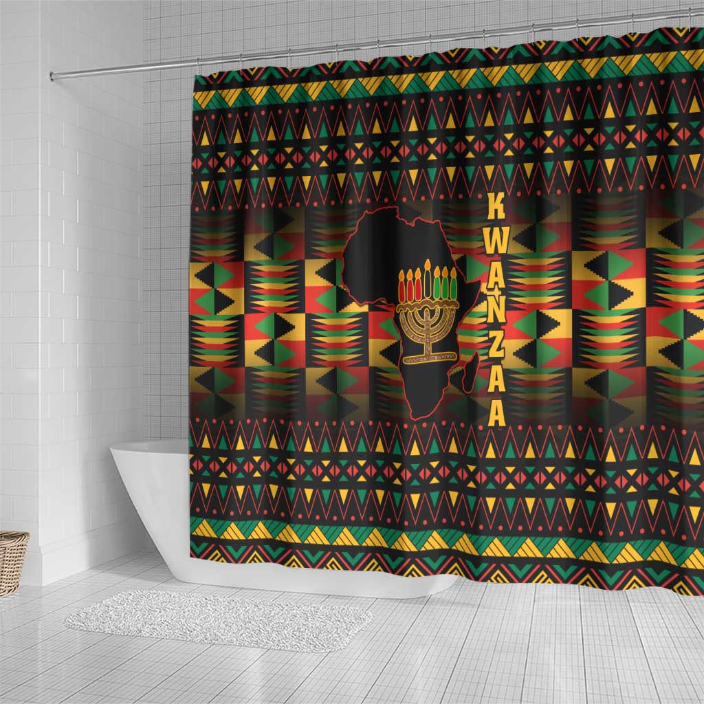 Kwanzaa Festival Shower Curtain with Kinara Candles and African Pattern