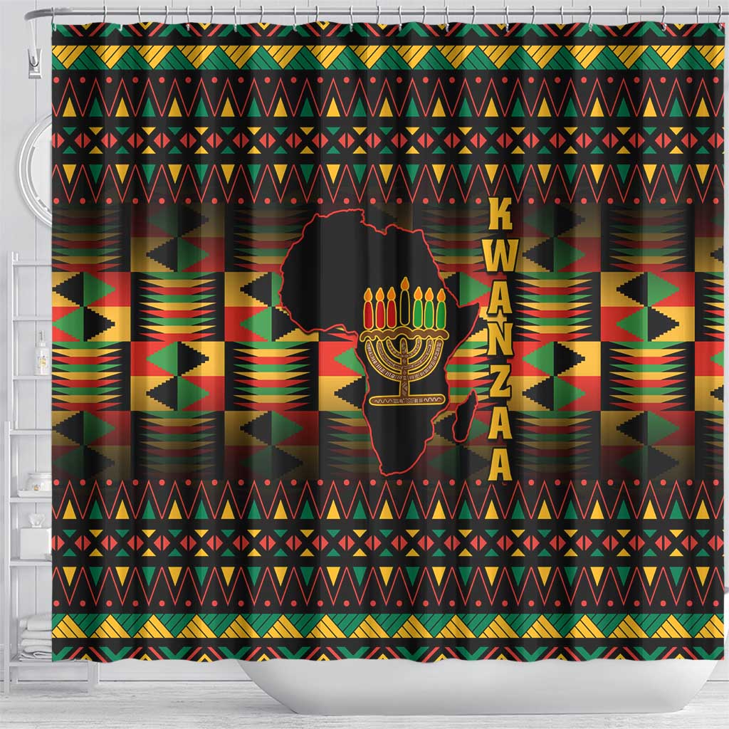 Kwanzaa Festival Shower Curtain with Kinara Candles and African Pattern