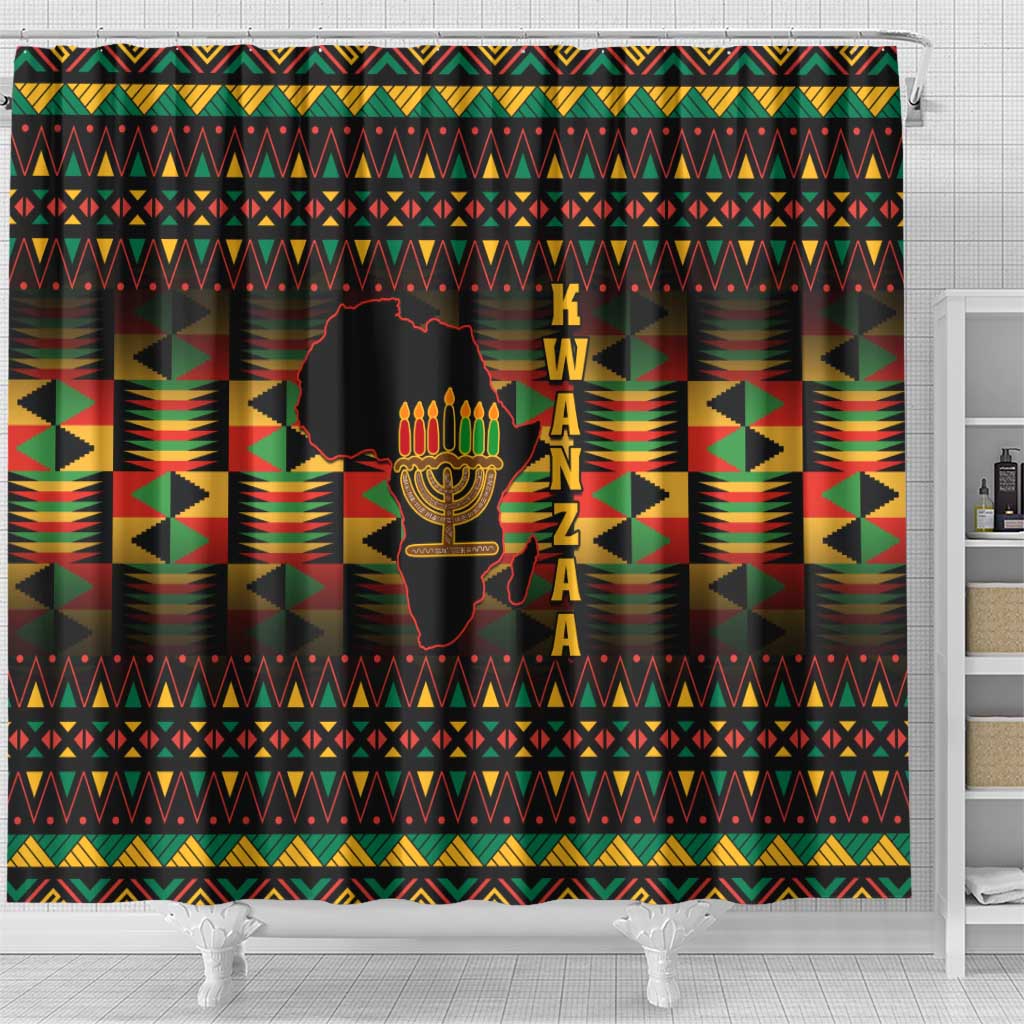 Kwanzaa Festival Shower Curtain with Kinara Candles and African Pattern