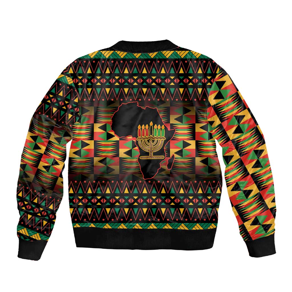 Kwanzaa Festival Sleeve Zip Bomber Jacket with Kinara Candles and African Pattern